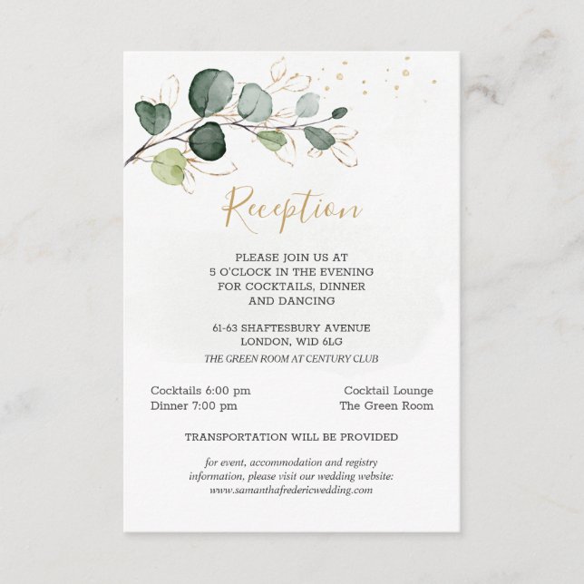 Eucalyptus Foliage Gold Leaves Wedding Reception Enclosure Card (Front)