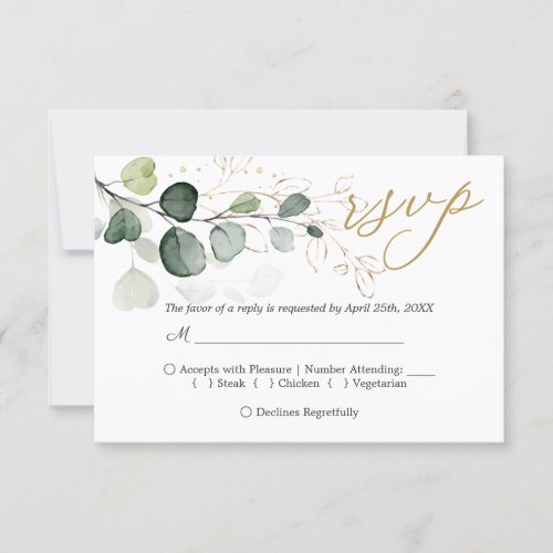 Eucalyptus Foliage Gold Leaves Wedding RSVP card