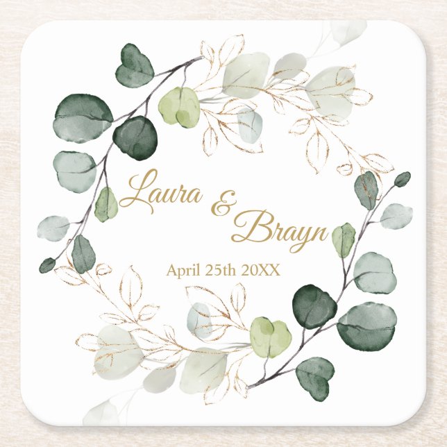 Eucalyptus Foliage Gold Leaves Wedding  Square Paper Coaster (Front)