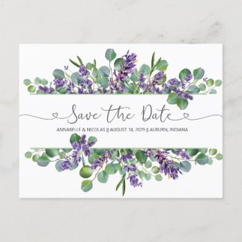 Eucalyptus Foliage Lavender Flowers Save The Date  Postcard by IrinaFraser at Zazzle