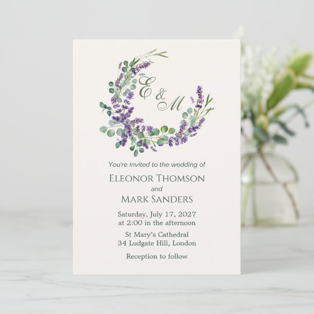 Eucalyptus Foliage Lavender Flowers Wedding Invitation (Standing Front)