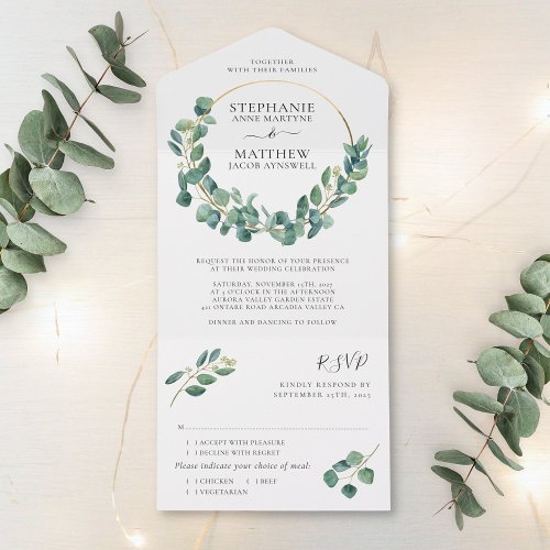 Eucalyptus Foliage Leaves Gold Wreath Wedding All In One Invitation