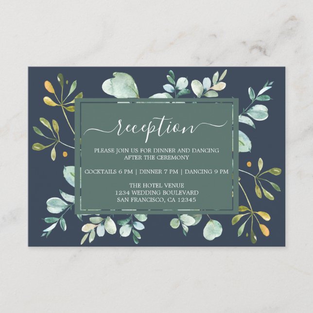 Eucalyptus Foliage Navy Blue Botanical Wedding Enclosure Card (Front)