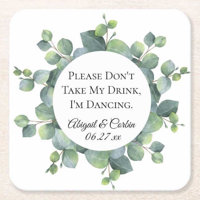 Eucalyptus Foliage Personalized Wedding Square Paper Coaster (Front)