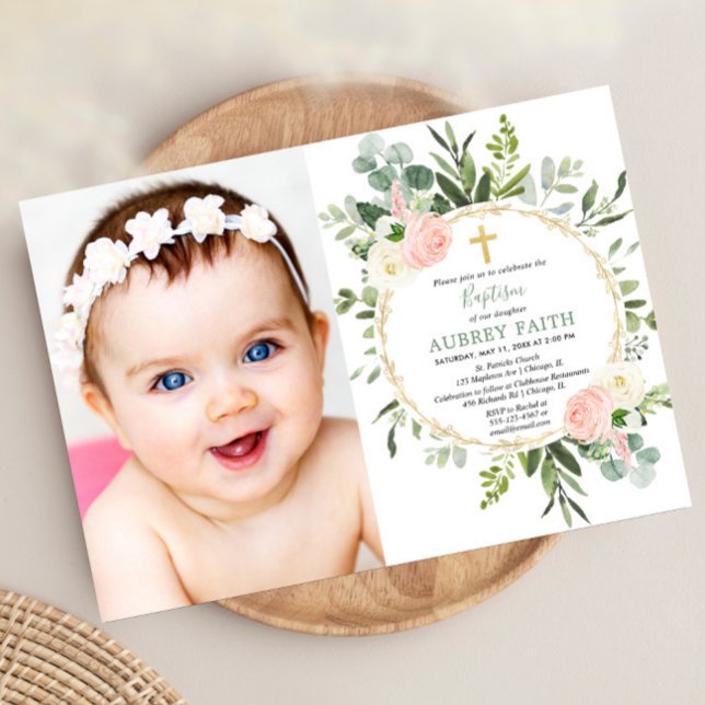 Eucalyptus foliage pink elegant girl baptism photo invitation (Creator Uploaded)