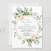 Eucalyptus foliage pink gold girl baby shower invitation (Front)