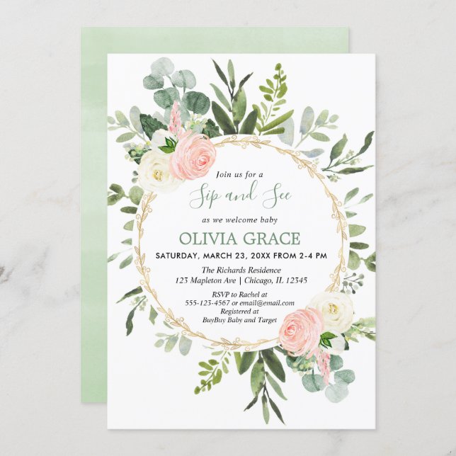 Eucalyptus foliage pink gold girl sip and see invitation (Front/Back)
