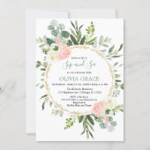 Eucalyptus foliage pink gold girl sip and see invitation (Front)