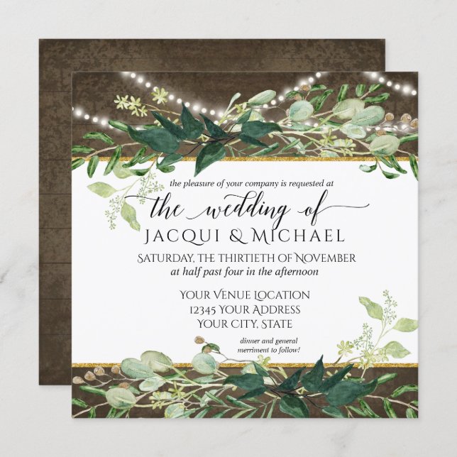 Eucalyptus Foliage Rustic Lights Winery Wedding Invitation (Front/Back)