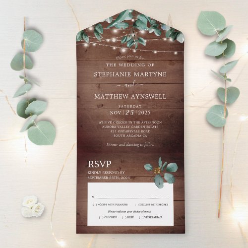 Eucalyptus Foliage Rustic Lights Wood Wedding All In One Invitation