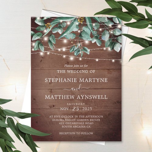 Eucalyptus Foliage Rustic Lights Wood Wedding Invitation