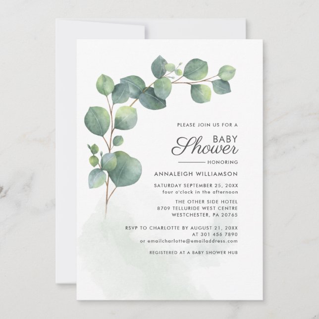 Eucalyptus Foliage Script Baby Shower Invitation (Front)