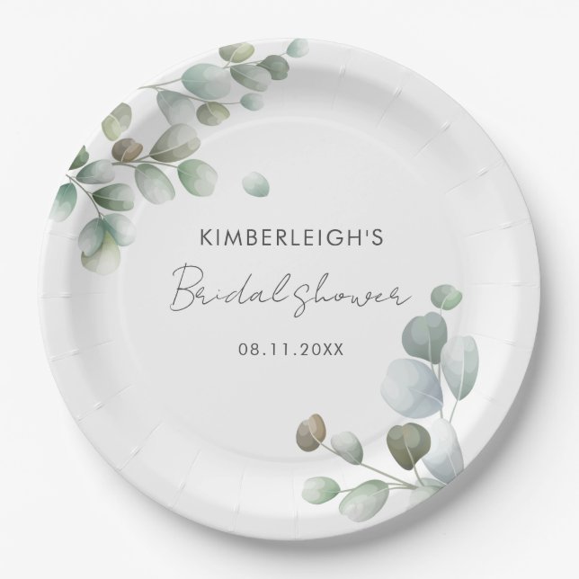 Eucalyptus Foliage Script Bridal Shower Paper Plates (Front)