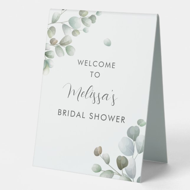 Eucalyptus Foliage Script Bridal Shower Welcome Table Tent (Front)