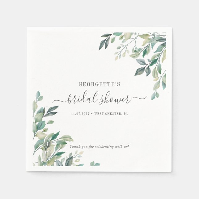 Eucalyptus Foliage Script Greenery Bridal Shower Napkins (Front)