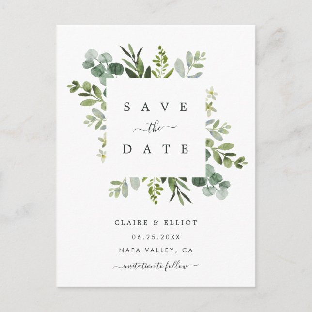 Eucalyptus Foliage Square Frame Save the Date Announcement Postcard (Front)