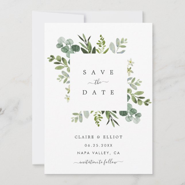 Eucalyptus Foliage Square Frame Save the Date Card (Front)