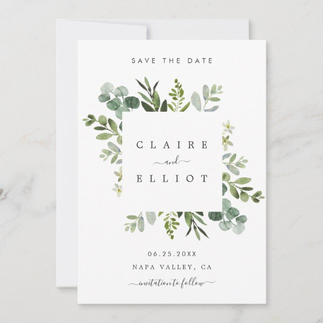 Eucalyptus Foliage Square Frame Save the Date Card (Front)
