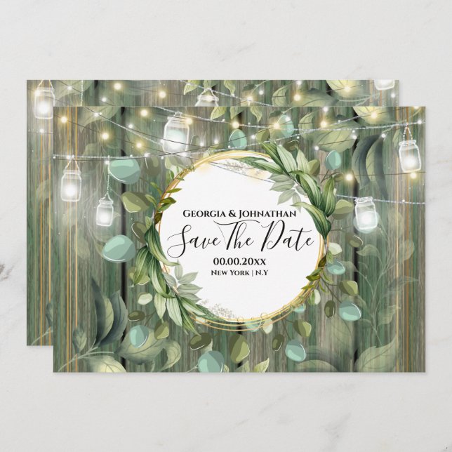 Eucalyptus foliage string lights country wood   save the date (Front/Back)
