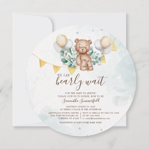 Eucalyptus Foliage Succulent Bear Baby Shower Invitation