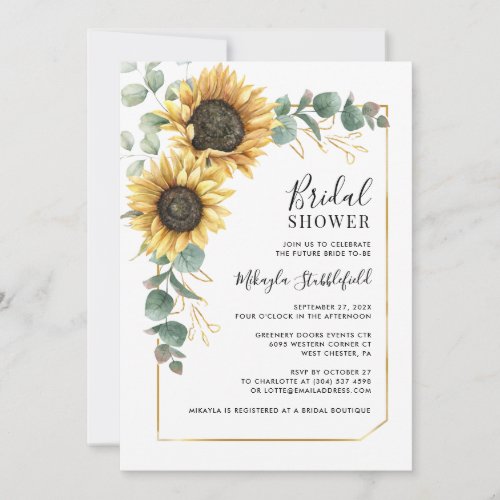 Eucalyptus Foliage Sunflower Floral Bridal Shower Invitation