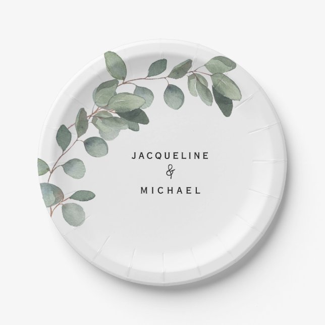 Eucalyptus Foliage Wedding Modern Names Paper Plates (Front)