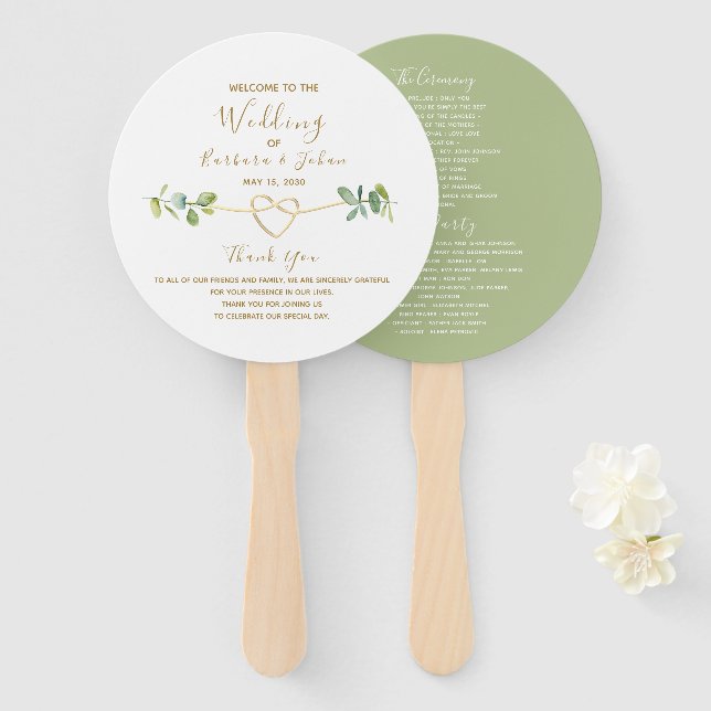 Eucalyptus Foliage Wedding Program Hand Fan (Front and Back)