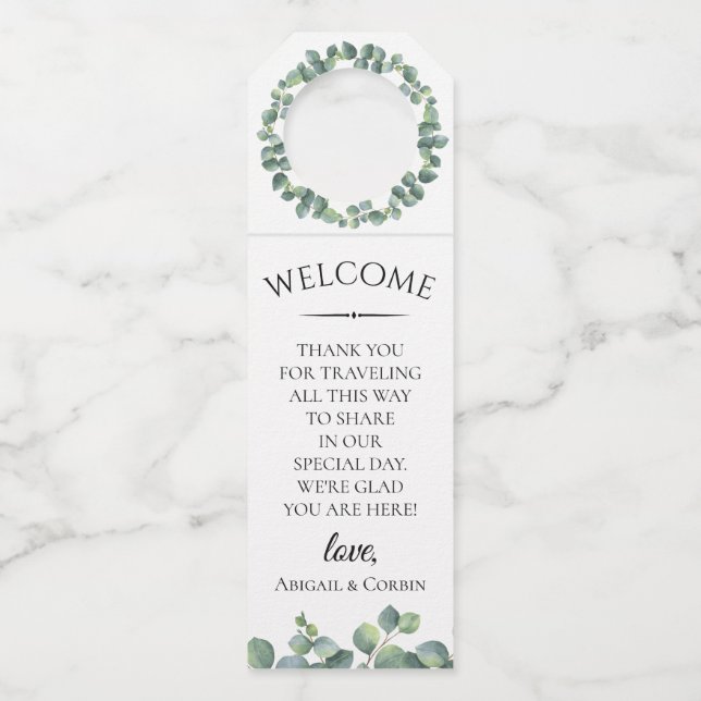 Eucalyptus Foliage Wedding Welcome Bottle Hanger Tag (Front)