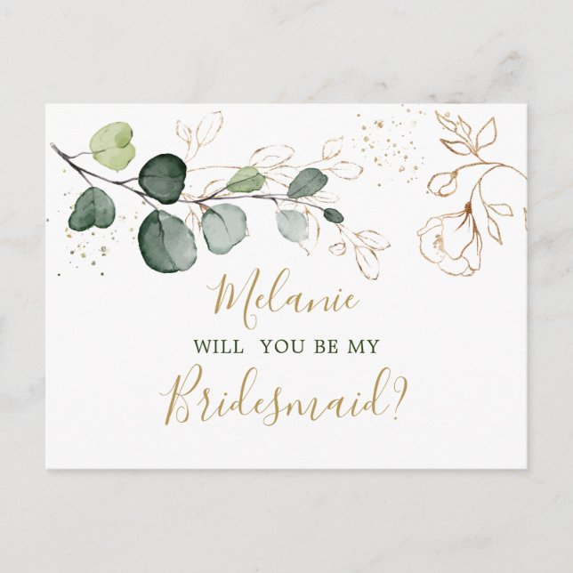 Eucalyptus Foliage Will You be My Bridesmaid Postcard (Front)