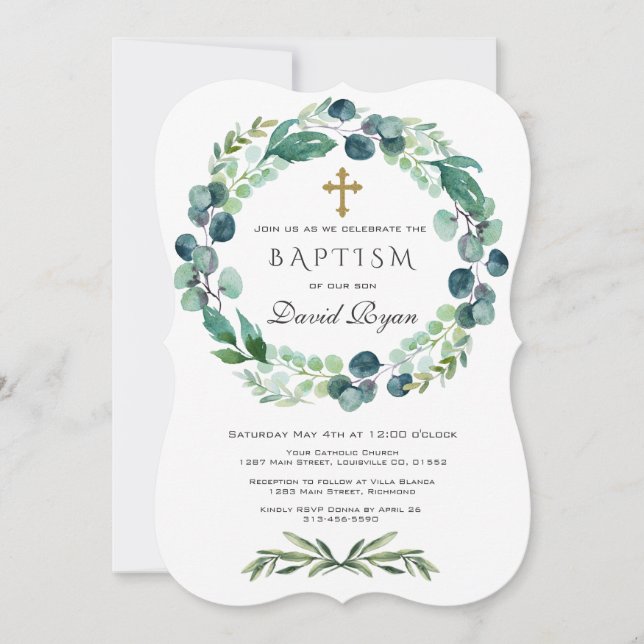Eucalyptus Foliage Wreath Gold Cross Boy Baptism Invitation (Front)