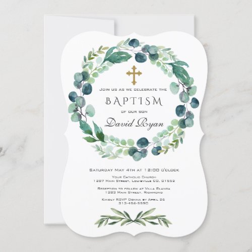 Eucalyptus Foliage Wreath Gold Cross Boy Baptism Invitation