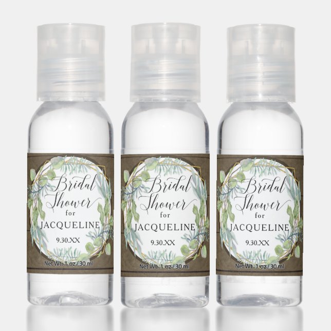Eucalyptus Foliage Wreath Gold Rustic Wood Bridal Hand Sanitizer (Set)