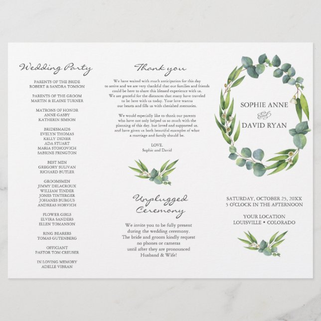 Eucalyptus Foliage Wreath Tri+Fold Wedding Program Flyer (Front)