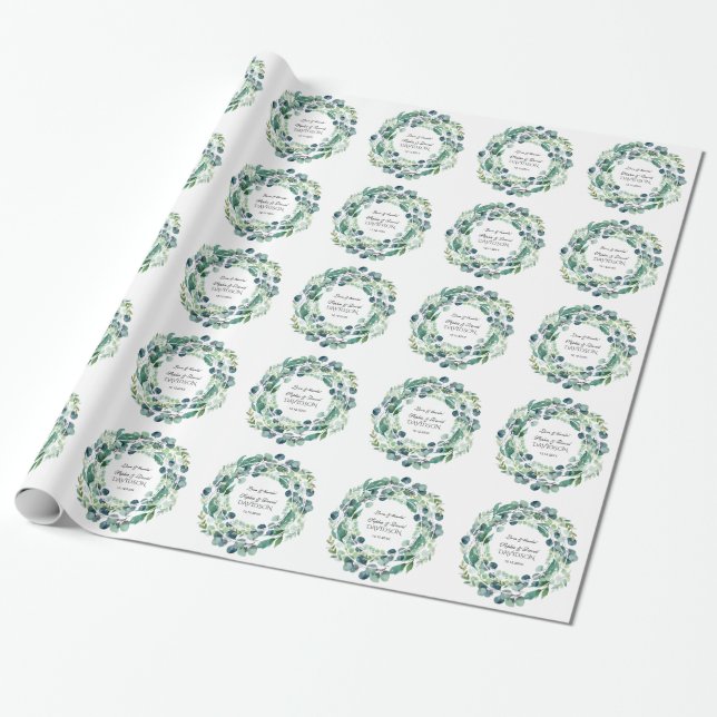 Eucalyptus Foliage Wreath Wedding Monogram Wrapping Paper (Unrolled)