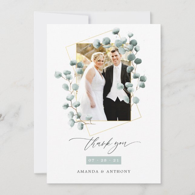 Eucalyptus Forest Geometric Wedding Photo Collage Thank You Card (Front)