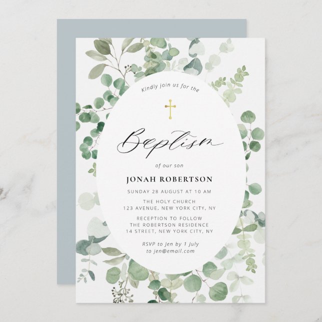 Eucalyptus frame baby boy Baptism invitation (Front/Back)