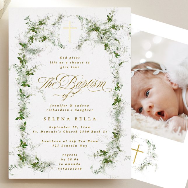 Eucalyptus Frame Gold Cross Baptism Photo Foil Invitation (Creator Uploaded)