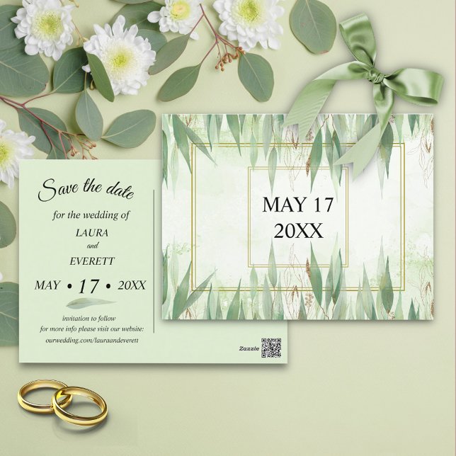 Eucalyptus Frame Green Gold Foliage Save The Date Postcard (Creator Uploaded)