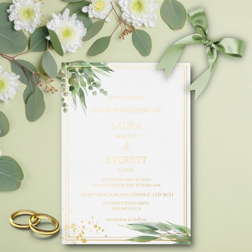 Eucalyptus Frame Green Gold Foliage Watercolor  Foil Invitation