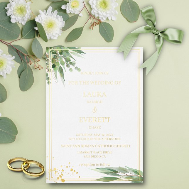 Eucalyptus Frame Green Gold Foliage Watercolor  Foil Invitation (Creator Uploaded)