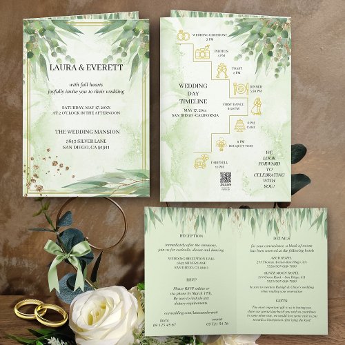 Eucalyptus Frame Green Gold Foliage Watercolor  Invitation