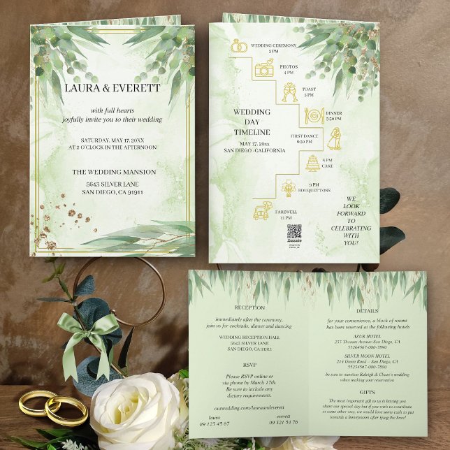 Eucalyptus Frame Green Gold Foliage Watercolor  Invitation (Creator Uploaded)