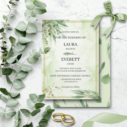 Eucalyptus Frame Green Gold Foliage Watercolor  Invitation