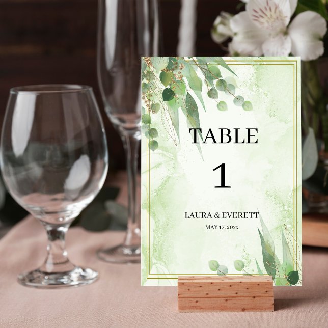 Eucalyptus Frame Green Gold Foliage Watercolor  Table Number (Creator Uploaded)