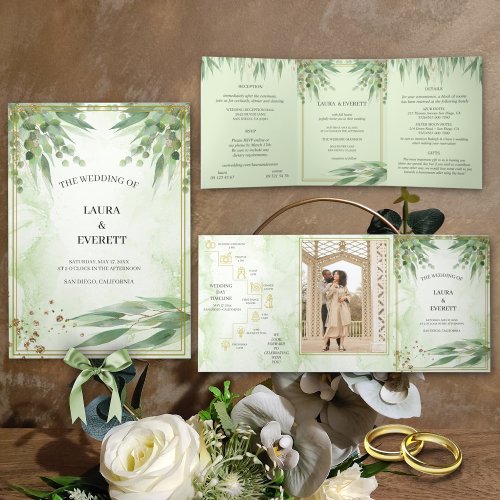 Eucalyptus Frame Green Gold Foliage Watercolor  Tri_Fold Invitation