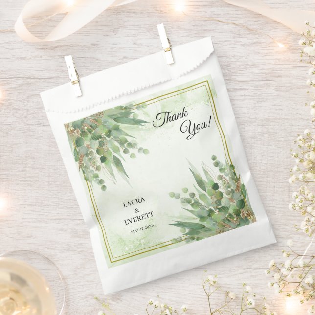 Eucalyptus Frame Green Gold Foliage Wedding Favor Bag (Clipped)