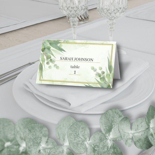 Eucalyptus Frame Green Gold Foliage Wedding Place Card (Creator Uploaded)