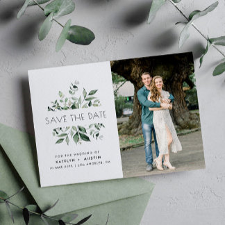eucalyptus frame lettering wedding save the date postcard