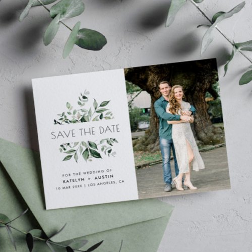 eucalyptus frame lettering wedding save the date postcard