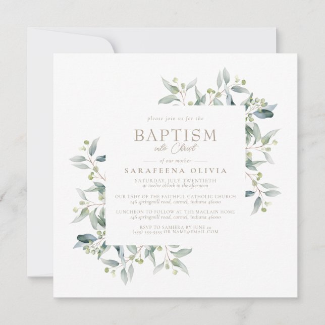 Eucalyptus Framed Simple Elegant Mother's Baptism Invitation (Front)
